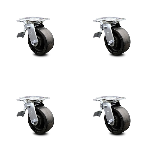 5 Inch Glass Filled Nylon Caster Set with Roller Bearings and Total Lock Brakes